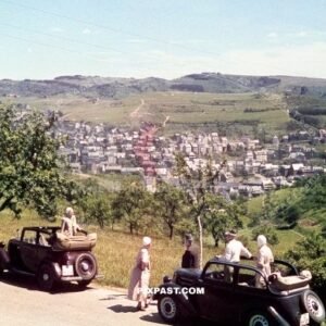 German tourists driving holiday in Nesselwang in the Ostallgau Bavaria Germany 1938.  IZ licence plate Rheinprovinz Rhine