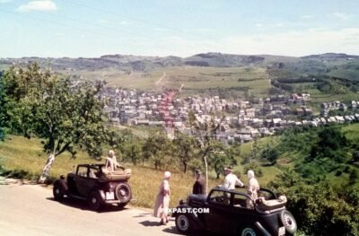 German tourists driving holiday in Nesselwang in the Ostallgau Bavaria Germany 1938.  IZ licence plate Rheinprovinz Rhine