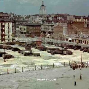German wehrmacht parking lot in middle of captured Charkow / Kharkiv, Ukraine 1942.
