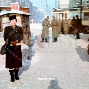 German women in winter jacket. Askanischen Platz. Stresemann Strasse. Schoneberger Berlin winter 1941. Tram. taxi. magazines