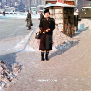 German women in winter jacket. Askanischen Platz. Stresemann Strasse. Schoneberger Berlin winter 1941. Tram. taxi. magazines
