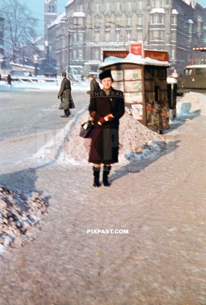 German women in winter jacket. Askanischen Platz. Stresemann Strasse. Schoneberger Berlin winter 1941. Tram. taxi. magazines