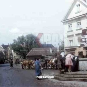 German women reading missing persons list in Market Square Bad Aibling Bavaria Germany 1945. 101st Cavalry Regiment.