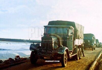 Germany heavy army truck driving towards Moscow with gas mask on the night lights. Gzhatsk Gagarin 1942