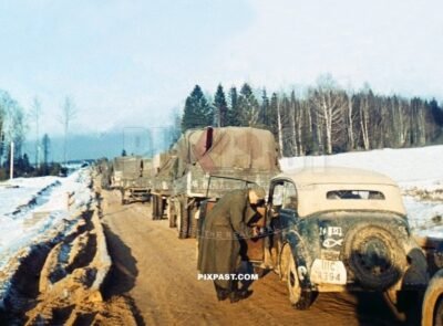 Germany heavy army truck driving towards Moscow with gas mask on the night lights. Gzhatsk Gagarin 1942