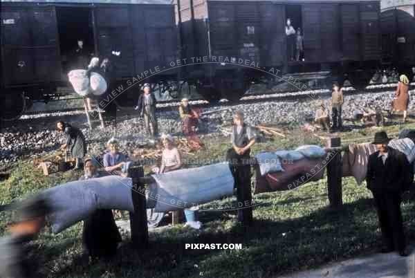 Gypsies freed from a German transport train, collect bed material from American GIs. Bischofshofen Austria 1945
