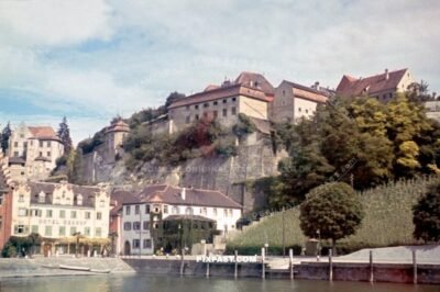 Harbour of Meersburg on Boden See Germany 1939. Hotel Seehof. Meersburg Castle. Burg Meersburg. Alte Burg.