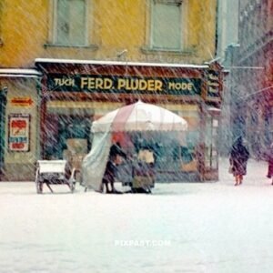 Heisse Maronen or Roasted Chestnuts seller in a snow storm in front of the Ferdinand Pluder Fashion Mode Shop. Austria 1939