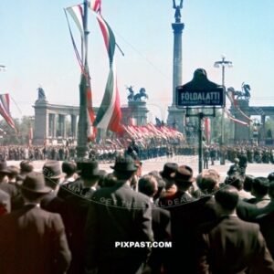 Heroes Square Hosok tere, Military parade march in Budapest Hungary. 1942.