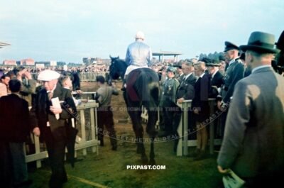 Horse Racing Jockey in Deutsches Derby Hamburg Horn Rennbahn race course. June 1939