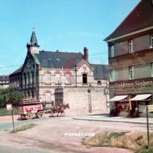 Horse drawn wagon with fresh Schultheiss Bier from Berlin. Halle Saale Germany 1939. Goldene Sieben Shop