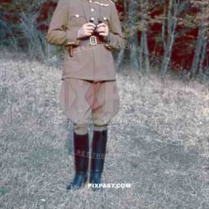 Hungarian Horthy medical first lieutenant army officer with binoculars in forest near Berlin Germany 1944.