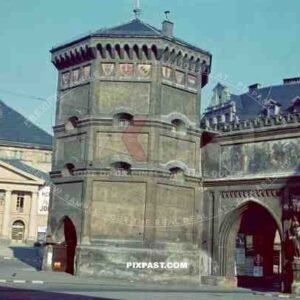 Isartor in Munich Germany 1940. Isar Gate. Left is the Atlantik Palast Cinema. Formely Isartortheater, Destroyed in 1944.