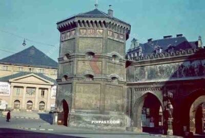 Isartor in Munich Germany 1940. Isar Gate. Left is the Atlantik Palast Cinema. Formely Isartortheater, Destroyed in 1944.