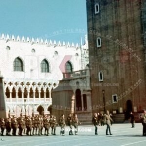 Italian army parade in St. Marks Square Piazza San Marco in Venice, Italy 1942. Doges Palace and St Marks Campanile