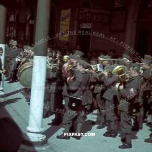 Italian military music band play in train station in Venice, Italy 1943