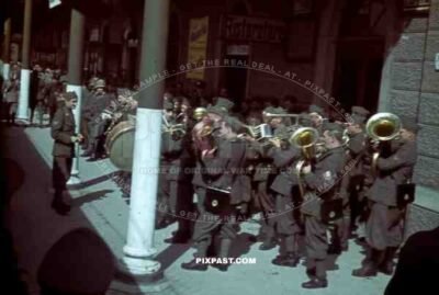 Italian military music band play in train station in Venice, Italy 1943