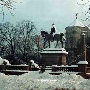 Karlsplatz, Stuttgart Germany. Winter 1939. Wilhelm I. Denkmal. The old castle, Altes Schloss