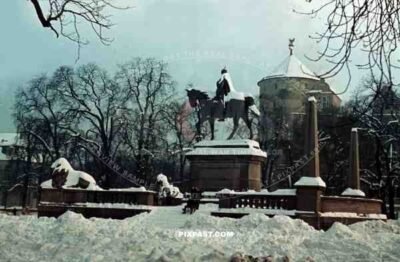 Karlsplatz, Stuttgart Germany. Winter 1939. Wilhelm I. Denkmal. The old castle, Altes Schloss