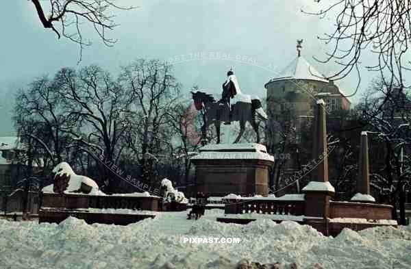 Karlsplatz, Stuttgart Germany. Winter 1939. Wilhelm I. Denkmal. The old castle, Altes Schloss