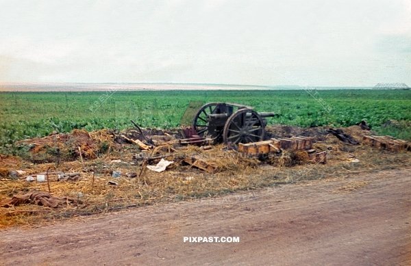 Knocked out captured small caliber Russian artillery cannon. ammunition boxes. Stalingrad 1942. 297 Infantry Division