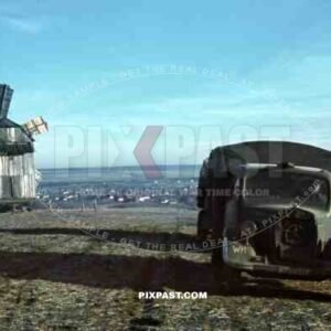 Krasnopillya, Sumy, Ukraine, Winter 1941, Supply trucks beside Windmill, 94. Infantry Division. Mercedes Diesel L3000