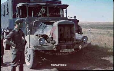 Kriegsberichter Franz Krieger, Russia, 1941, propaganda company, destroyed truck, OKH, Fernlast, trailer, 5. Komp.
