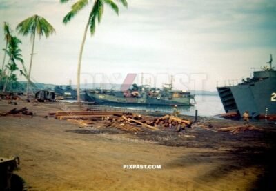 Landing Craft Tank LCT (6) 1117. beached in the Philippines 1945.  Thirteenth Expeditionary Air Force 13 EAF