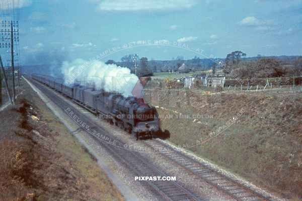 Large German troop transport Locomotive moving soldiers between Halle and Leipzig. Germany 1940