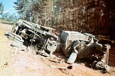 Large army Truck crash in mud beside Forest Russia 1942. 19th Panzer Division.