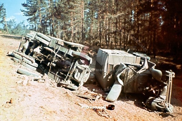 Large army Truck crash in mud beside Forest Russia 1942. 19th Panzer Division.