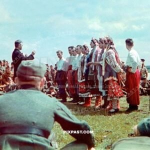 Local East Ukrainian villagers perform music show for  Germany arms soldiers. East Ukraine 1942. Local costume