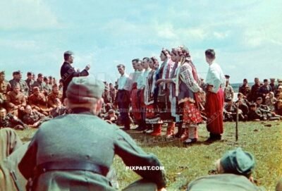 Local East Ukrainian villagers perform music show for Germany arms soldiers. East Ukraine 1942. Local costume