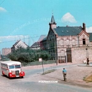 Local German bus drives through Halle Saale Germany 1939. Goldene Sieben Shop