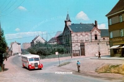 Local German bus drives through Halle Saale Germany 1939. Goldene Sieben Shop