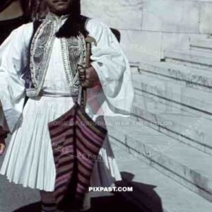 Local Greek palace guard Evzones in traditional foustanella costume. Athens. Greece. 1939.