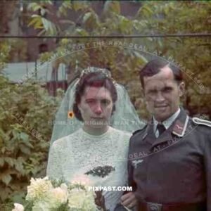 Luftwaffe Signals Radio Operator War Time Wedding Berlin 1943, Bride in Wedding Dress, belt buckle, cap, hat,