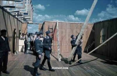 Luftwaffe airbase staff quarters construction, Brandis Polenz air base 1940, Officers construct timber roof.