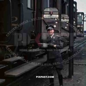 Luftwaffe officer with water bowl at the railway yard in Stendal, Germany 1940