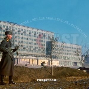 Luftwaffe soldier with MP 40 Maschinenpistole 40 submachine gun. Hotel International. Kharkiv, Ukraine November 1942