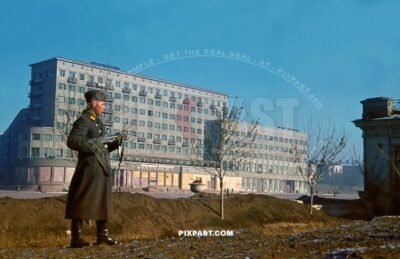Luftwaffe soldier with MP 40 Maschinenpistole 40 submachine gun. Hotel International. Kharkiv, Ukraine November 1942