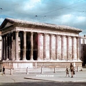 Maison Carrre, an ancient Roman temple located in Nimes southern France 1940