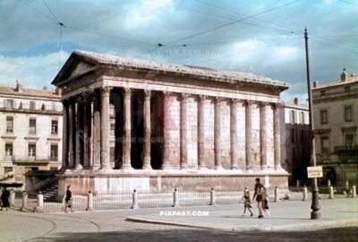 Maison Carrre, an ancient Roman temple located in Nimes southern France 1940