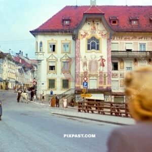 Marienstift Kruglederer Haus in Bad Tolz Bavaria Bayern beside Isar river bridge. Germany 1939