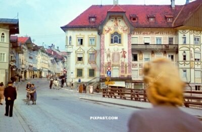 Marienstift Kruglederer Haus in Bad Tolz Bavaria Bayern beside Isar river bridge. Germany 1939