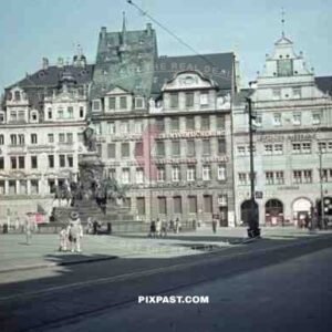 Marketplace with victory monument, Leipzig, Germany 1940
