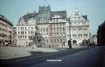 Marketplace with victory monument, Leipzig, Germany 1940