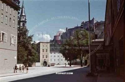Max-Reinhardt-Platz and Hohensalzburg Fortress in Salzburg, Austria ~1938