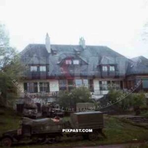 Mechanized troops of the 101st Cavalry Regiment capture Willy Messerschmitt family house in Murnau Bavaria 1945.