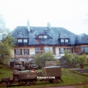 Mechanized troops of the 101st Cavalry Regiment capture Willy Messerschmitt family house in Murnau Bavaria 1945